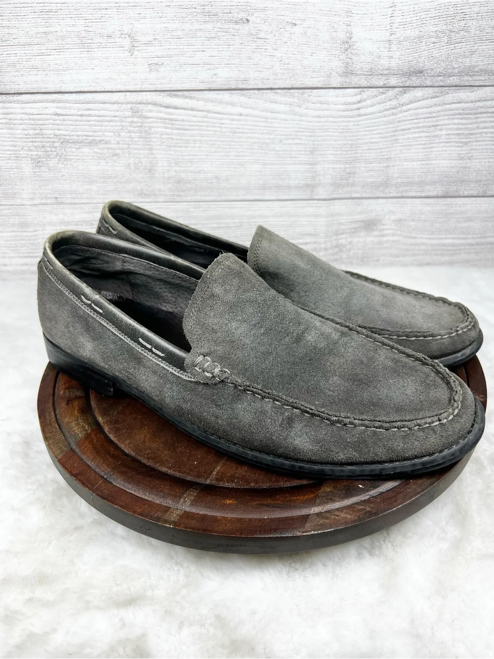 John Varvatos Slip On Loafers Suede Leather Grey Men’s Shoes 12M Preppy FLAW